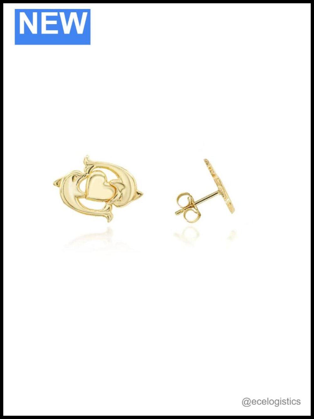 10K Solid Yellow Gold Dolphin Heart Stud Earrings Push Back USA Made